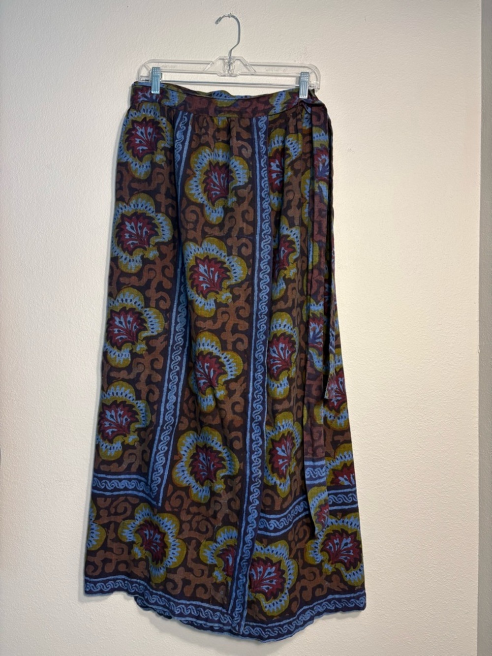 Vintage Boho Border Print Wrap Maxi Skirt Brown Blue Ethnic Gypsy Festival Skirt
